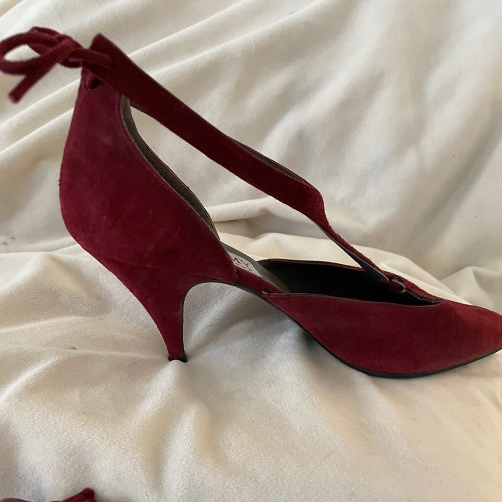 Cranberry suede t-strap ankle tie heels